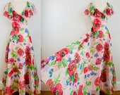Vintage 1970s Perullo for Fred Perlberg Floral Ruffle Poppy Poppies Maxi Chiffon Dress