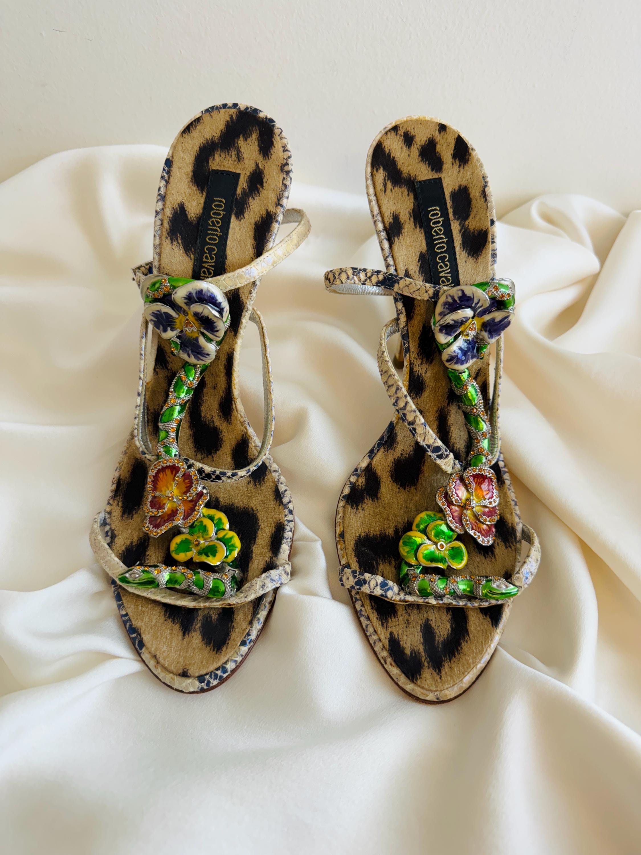 Vintage 2000s Roberto Cavalli Snake + Flower Enamel Rhinestone