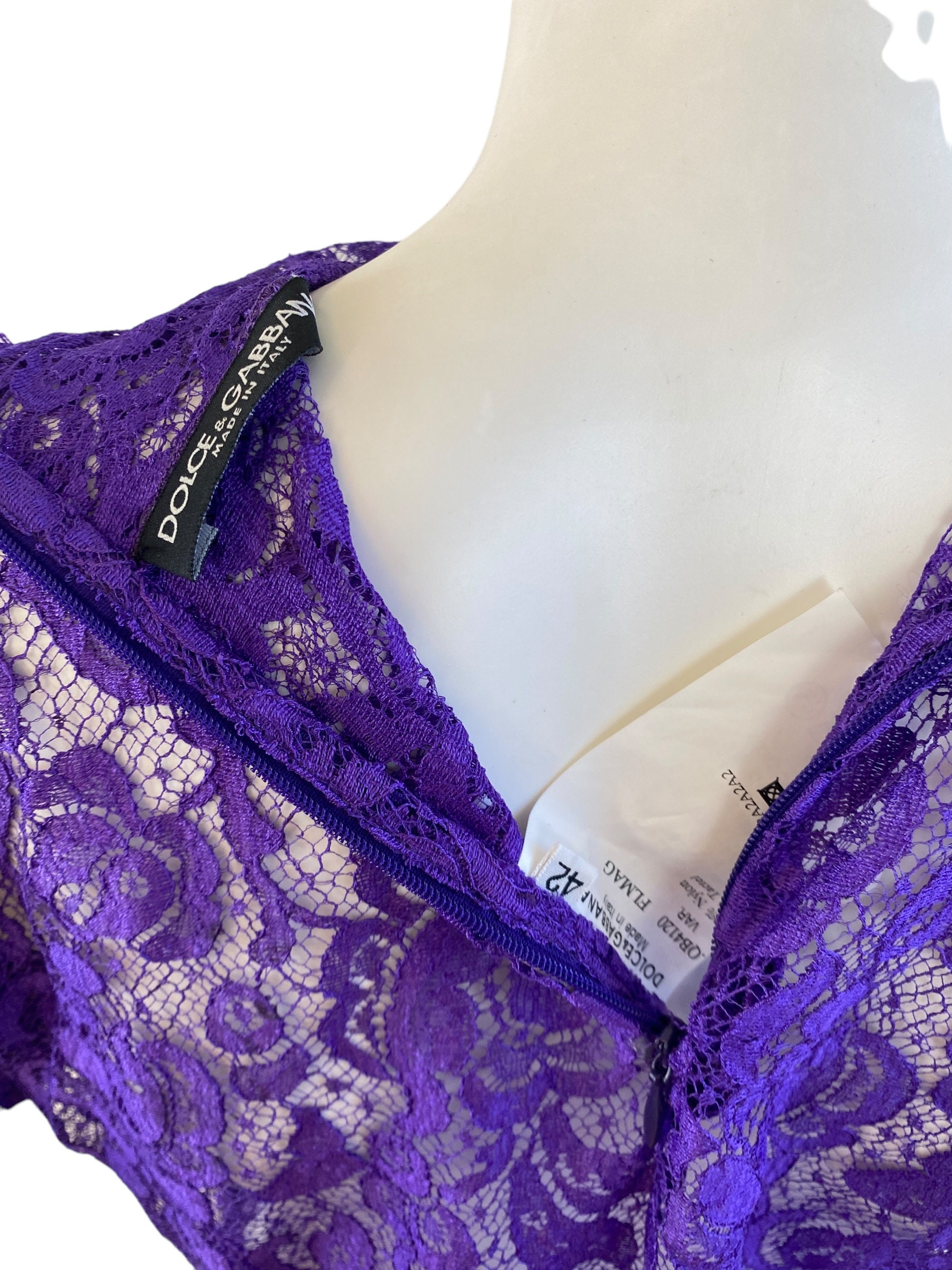 Dolce + Gabbana F/W 2001 Purple Lace Mini Dress High Neck