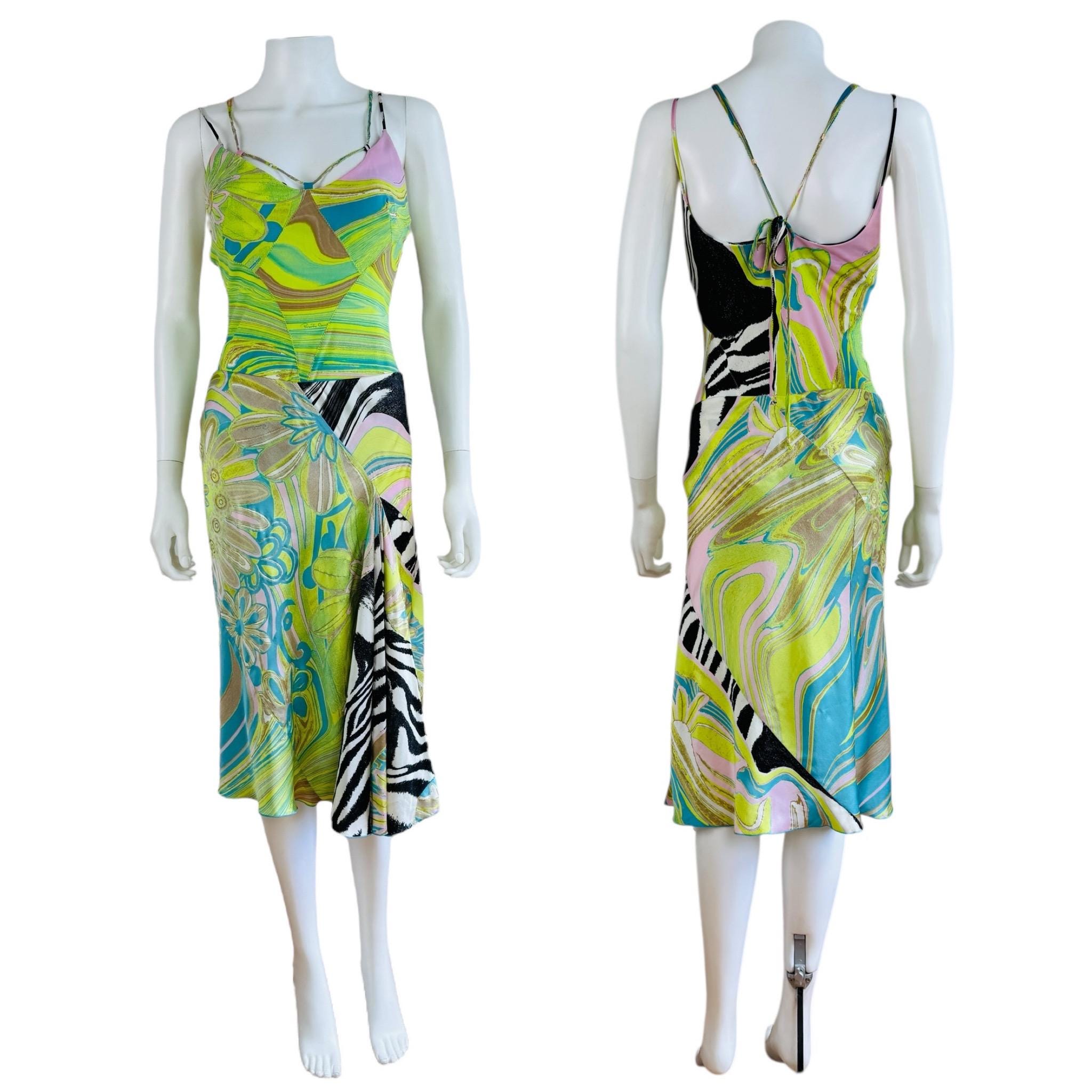 Vintage S/S 2004 Roberto Cavalli Geometrical Green Zebra Top Skirt