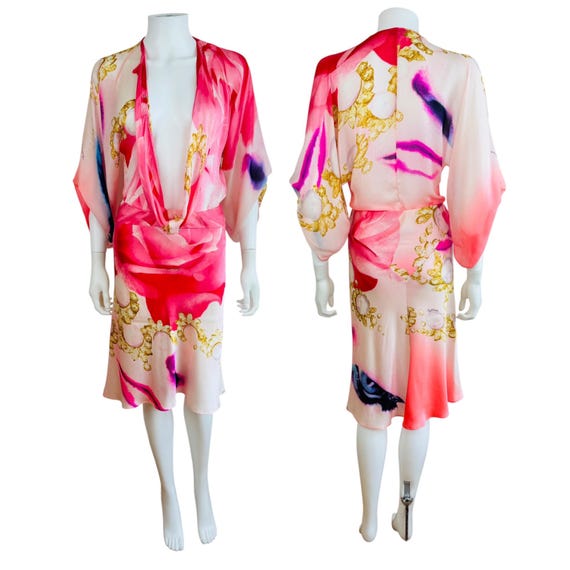 Roberto Cavalli, Vintage S/S 2001 Y2K Roberto Cavalli Pink Elizabeth Taylor Eye Print Top + Skirt Set