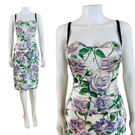 Vintage Early 2000s Dolce + Gabbana Silk Satin Purple Roses