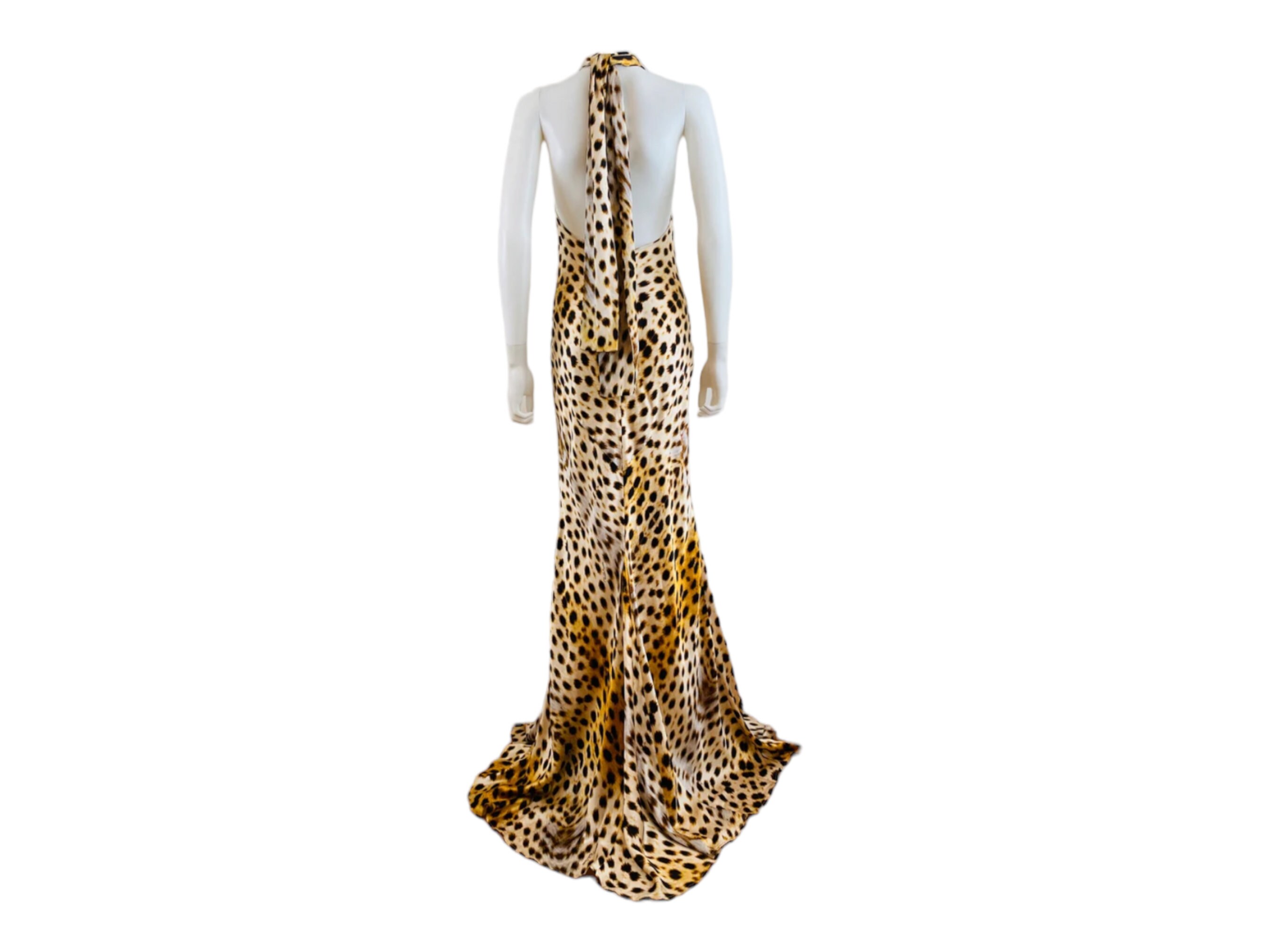 オールインワン・サロペット Roberto Cavalli Natural Beige Silk Jaguar Skin Maxi Dress Roberto Cavalli Beige Animal Printed Silk Satin Halter Neck