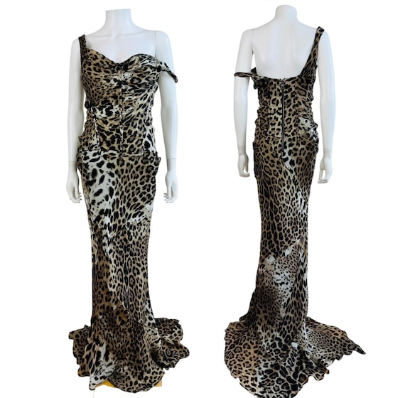 Roberto Cavalli, Vintage Roberto Cavalli Silk Leopard Silk Off Shoulder Dress Gown Mermaid Hem