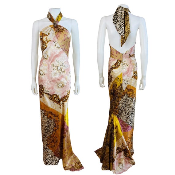 Roberto Cavalli, Vintage F/W 2004 Roberto Cavalli Silk Patchwork Baroque Animal Print Halter Bias Dress Gown