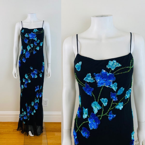 Vintage 1990s 90s Black Chiffon Silk Bias Maxi Dress Blue Sequin + Beaded Flowers