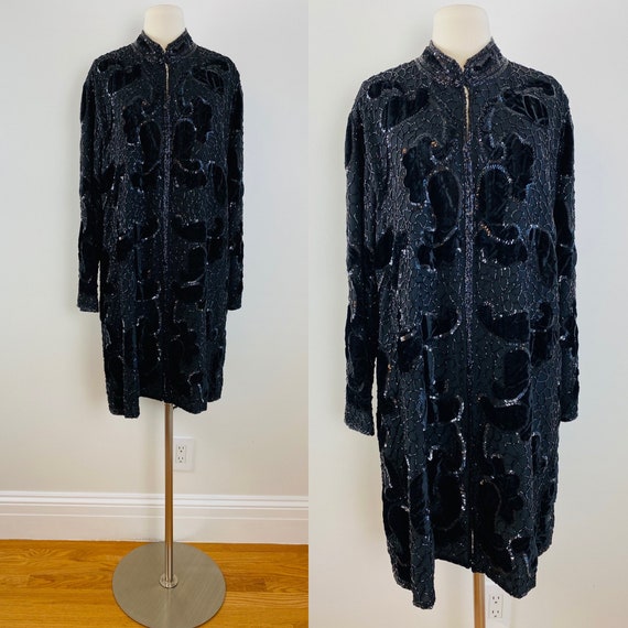 Vintage 1980s Inky Black Velvet Hand Beaded + Sequ