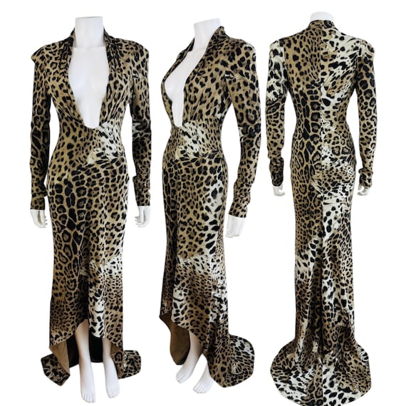 Roberto Cavalli, Vintage Roberto Cavalli Leopard Animal Print Low Cut Gown Dress Train