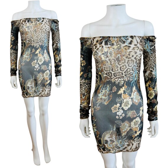 Roberto Cavalli, Vintage S/S 2003 Roberto Cavalli Black Mesh Chinoiserie Leopard Floral Dragon Print Mini Dress