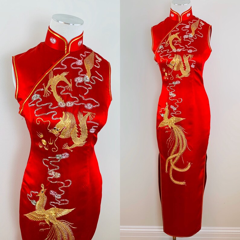 Vtg Red Silk Qipao Cheongsam Chinese Dress Gold Embroidered Dragon Phoenix S