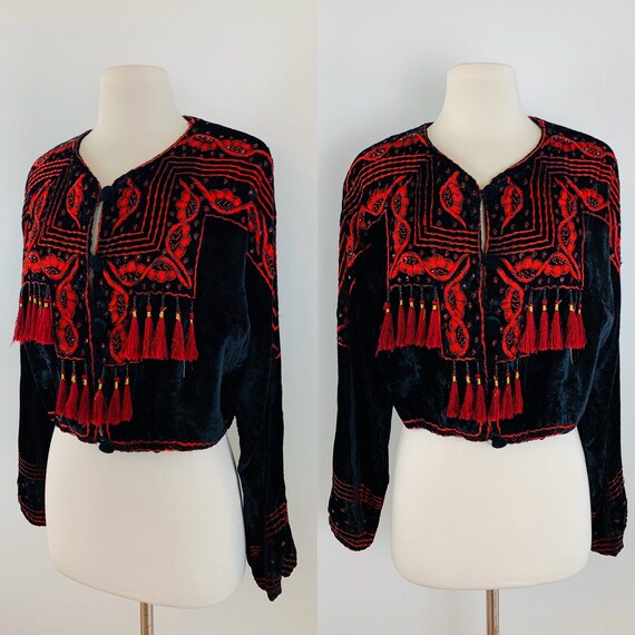 Vintage 90s Black + Red Velvet Tribal Beaded, Embr