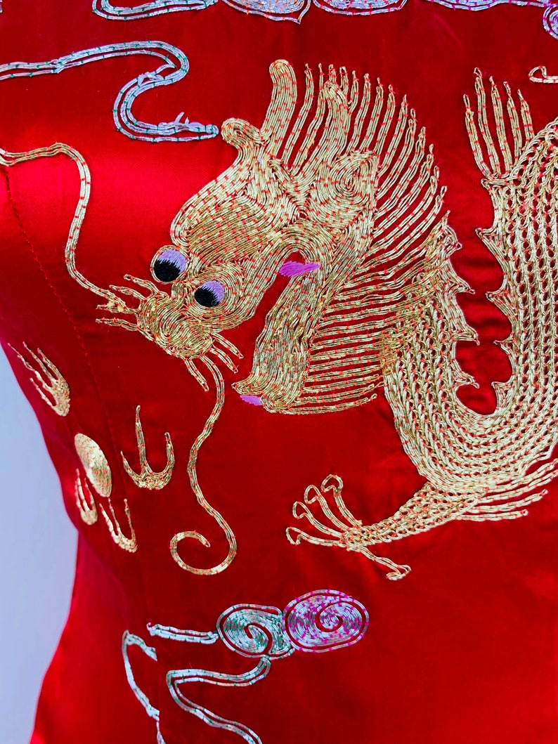 Vtg Red Silk Qipao Cheongsam Chinese Dress Gold Embroidered Dragon Phoenix S