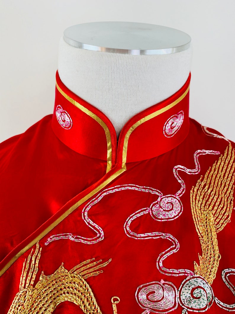 Vtg Red Silk Qipao Cheongsam Chinese Dress Gold Embroidered Dragon Phoenix S