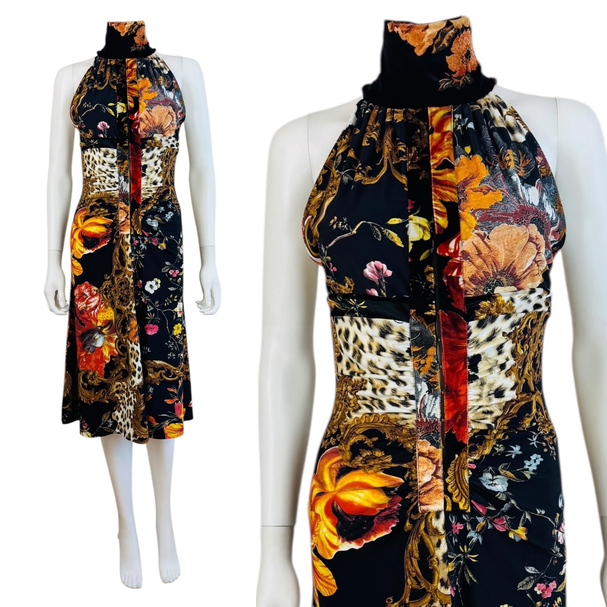 roberto cavalli halter neck dress Vintage F/W 2005 Black Keyhole Cut Out Midi Floral Velvet Black40Sept
