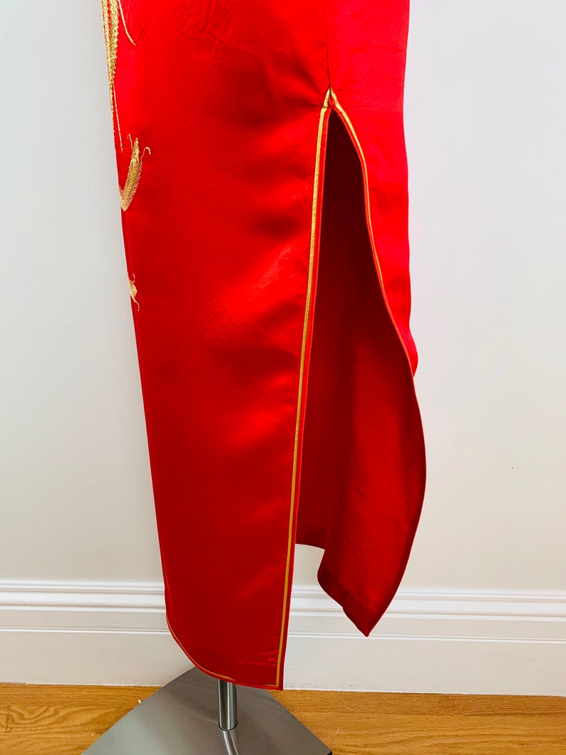 Vtg Red Silk Qipao Cheongsam Chinese Dress Gold Embroidered Dragon Phoenix S
