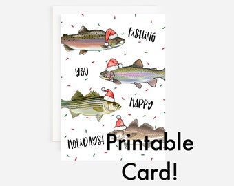 Printable Christmas Card Fishing You Happy Holidays! Digital Download Card