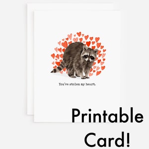 Cartão de amor para impressão Você roubou meu coração Raccoon Cartão de download digital