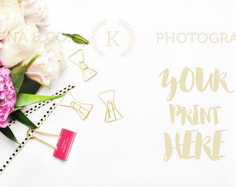 Download Free Styled stock photography | Peonies and gold accessories | white desktop | mockup product PSD Template