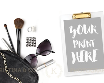 Download Free monochrome fashion mockup | styled stock photography | Cosmetics, Brushes, Earring, ring, silver PSD Template