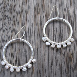 Earrings in white and silver with mother of pearl beads, wedding, hoops, classic