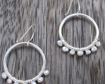 Earrings in white and silver with mother of pearl beads, wedding, hoops, classic