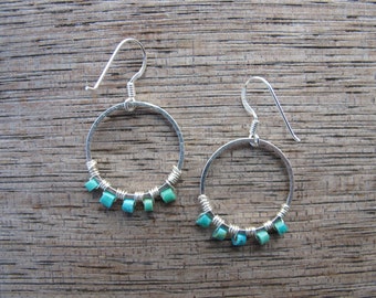Earrings with real turquoise silver hoops