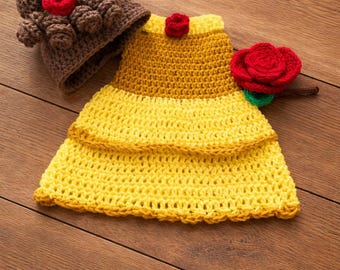 Crochet Princess Belle Costume, newborn photography, infant Halloween, baby shower gift, MADE TO ORDER