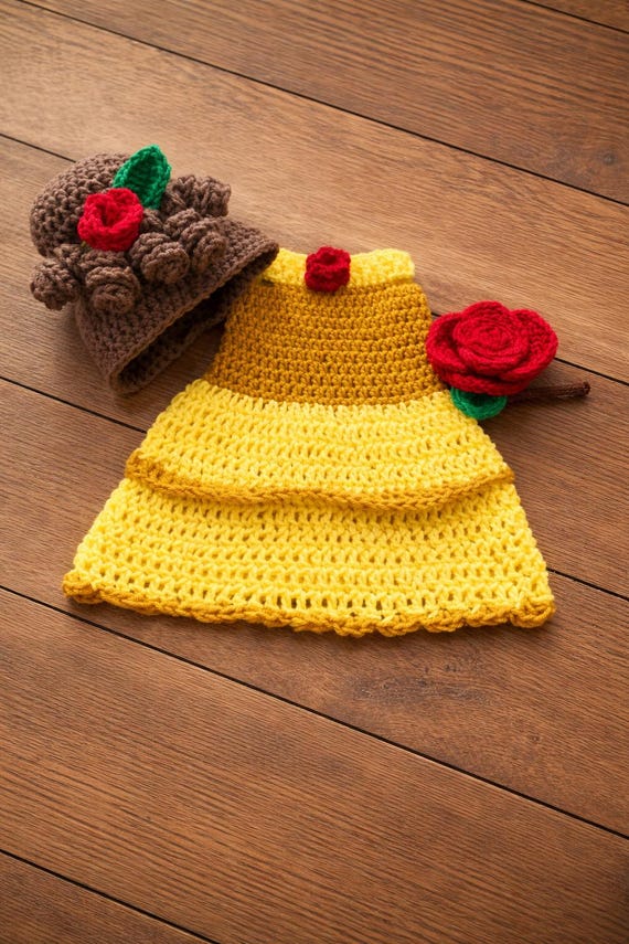 Crochet Princess Belle Costume, newborn photography, infant Halloween, baby shower gift, MADE TO ORDER