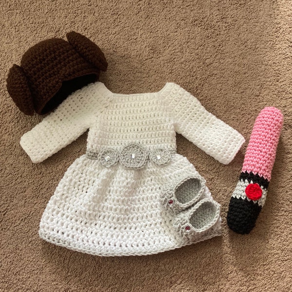 Princess Leia Inspired Costume/ Crochet Princess Leia Wig/Star Wars Costume/Princess Photo Prop Newborn to 18 Month Size-MADE TO ORDER