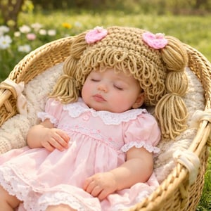 May include: A sleeping baby wearing a handmade crochet doll hat with yarn pigtails and pink accents. The baby is dressed in a pink dress with lace trim and is nestled in a woven wicker basket lined with a soft blanket.