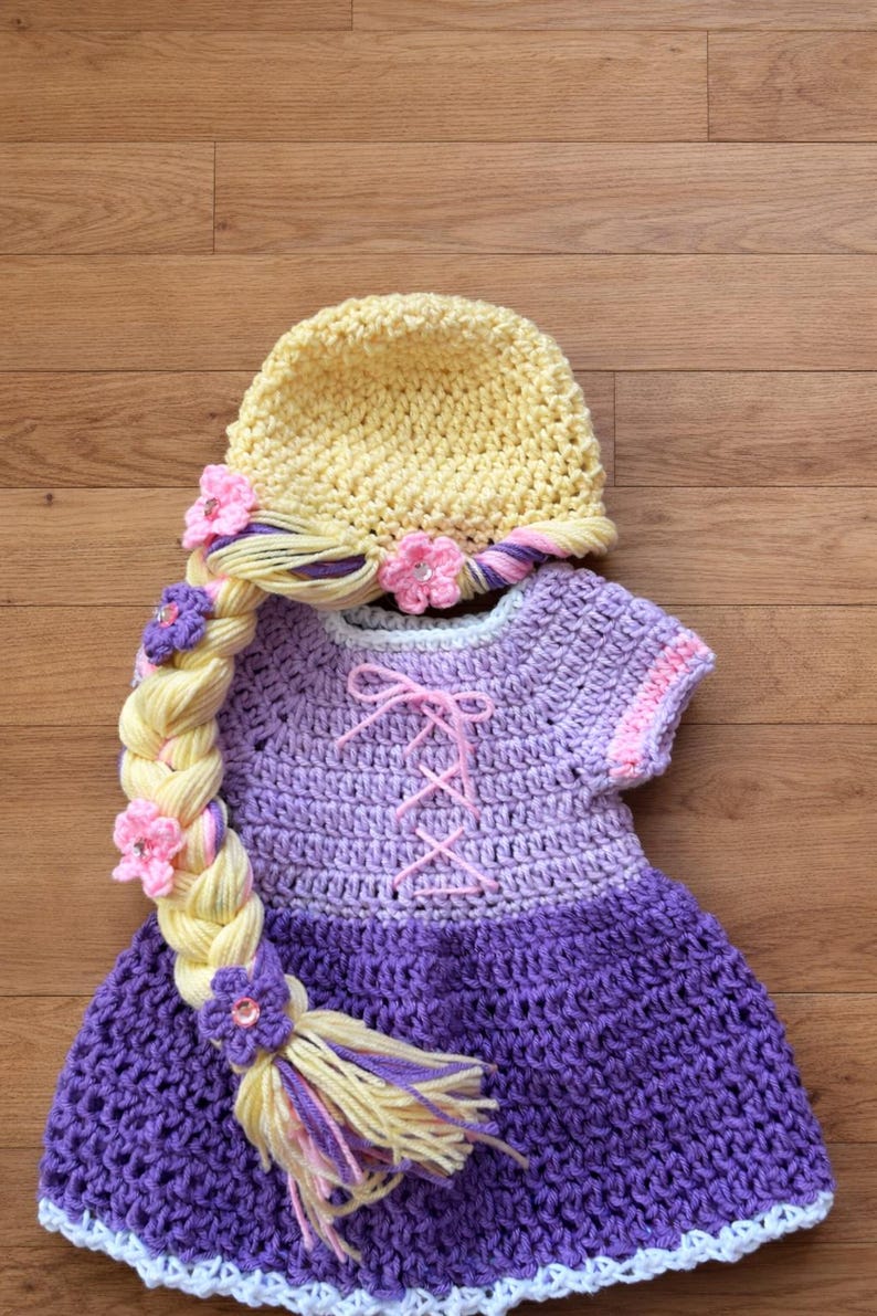 Crochet Rapunzel Costume, newborn photography, infant Halloween, Baby shower gift, MADE TO ORDER image 1
