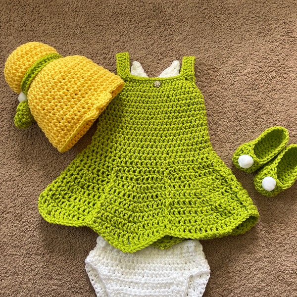 Tinkerbell Inspired Costume/Crochet Tinkerbell Dress/Tinkerbell Hat Wig/Peter Pan Inspired Photo Prop Newborn to 12 Months- MADE TO ORDER