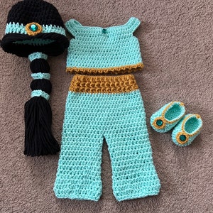 Princess Jasmine Inspired Costume/ Crochet Princess Jasmine Wig/Princess Costume/Princess Photo Prop Newborn to 18 Month Size-MADE TO ORDER