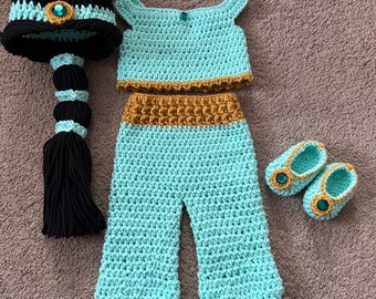 Princess Jasmine Inspired Costume/ Crochet Princess Jasmine Wig/Princess Costume/Princess Photo Prop Newborn to 18 Month Size-MADE TO ORDER