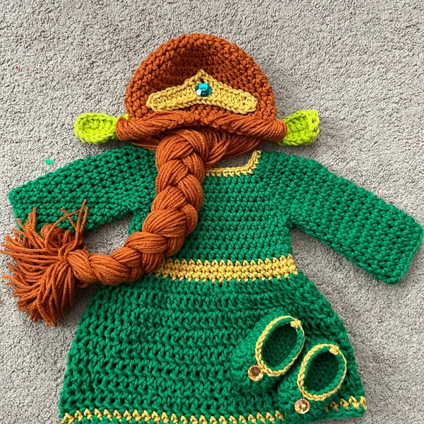 Fiona Shrek Inspired Costume/ Crochet Fiona Wig/ Shrek Inspired Costume/Photo Prop Newborn to 12 Month Size-MADE TO ORDER