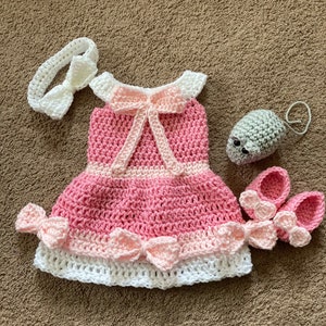 Crocheted Cinderella Costume: Pink Ballgown, Headband, Shoes, Mouse Prop
