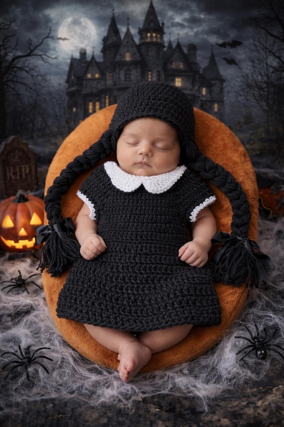 Crochet Wednesday Addams Costume: Newborn Photo Prop Set