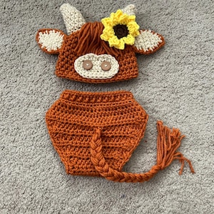 Crochet Highland Cow Baby Costume/Newborn Photography Prop/Infant Halloween Costume/Baby Shower Gift/Farm Animal Costume/MADE TO ORDER