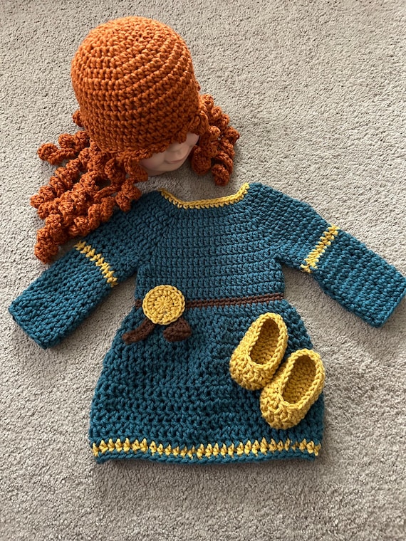 Crochet Princess Merida Costume: Dress, Wig & Shoes - Newborn to