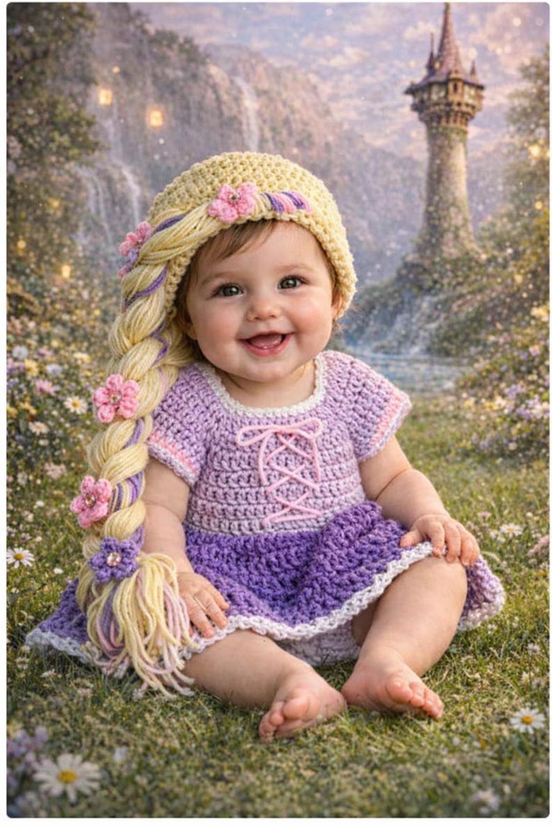 Crochet Rapunzel Costume, newborn photography, infant Halloween, Baby shower gift, MADE TO ORDER image 4