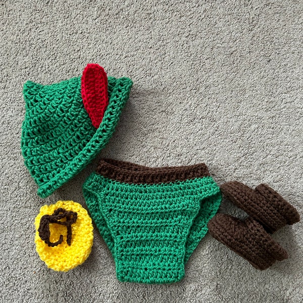 Peter Pan Inspired Hat, Diaper Cover, Shoes, and bag/Peter Pan Costume/ Peter Pan Hat Available in Newborn to 12 Month Size- MADE TO ORDER