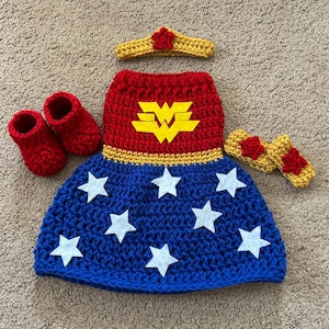Crochet Woman Superhero Costume/ Baby Superhero Costume/ Newborn Photography Prop/Baby Shower Gift/Infant Halloween Costume/MADE TO ORDER