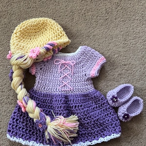 Princess Rapunzel Inspired Costume/ Crochet Rapunzel Wig/Princess Dress/Princess Photo Prop Newborn to 18 Month Size-MADE TO ORDER