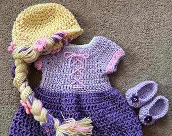 Princess Rapunzel Inspired Costume/ Crochet Rapunzel Wig/Princess Dress/Princess Photo Prop Newborn to 18 Month Size-MADE TO ORDER