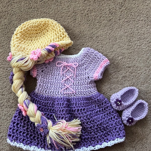 Princess Rapunzel Inspired Costume/ Crochet Rapunzel Wig/Princess Dress/Princess Photo Prop Newborn to 18 Month Size-MADE TO ORDER