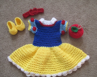 Princess Snow White Inspired Costume/Crochet Princess Snow White Dress/Snow White/Princess Photo Prop Newborn to 18 Months- MADE TO ORDER