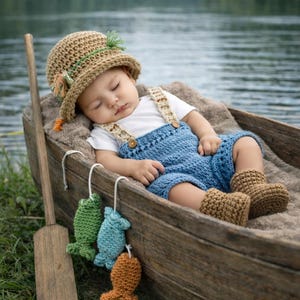 May include: A sleeping baby wearing a crochet hat, blue overalls, and brown boots, resting in a wooden boat. Three crochet fish hang from the boat. The scene is set on a lake.