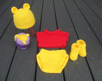 Crochet Winnie the Pooh Outfit--Honey Bear Crochet Outfit--Photo Prop--Honey Pot--Made to Order