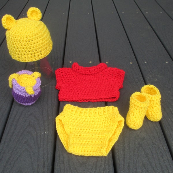 Crochet Winnie the Pooh Outfit--Honey Bear Crochet Outfit--Photo Prop--Honey Pot--Made to Order