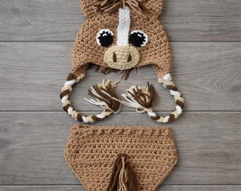 Crocheted Horse Outfit, Newborn photography, Infant Halloween, Baby Shower Gift, MADE TO ORDER